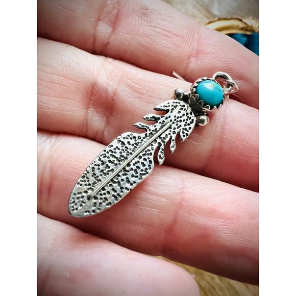 Sterling Silver Feather Earrings with Turquoise Dangles Native Style 925 - Picture 6 of 7